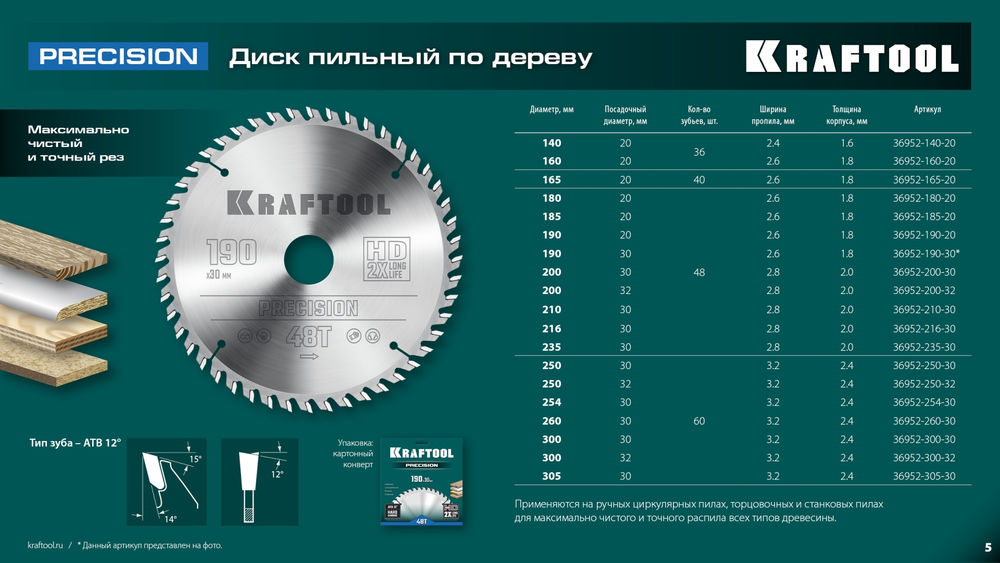 Пильный диск по дереву Precision, 190 х 20 мм, 48Т KRAFTOOL 36952-190-20