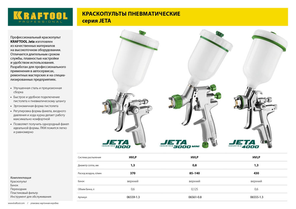 Пневматический краскопульт JETA 1000, HVLP, 1.3 мм, с верхним бачком KRAFTOOL 06559-1.3