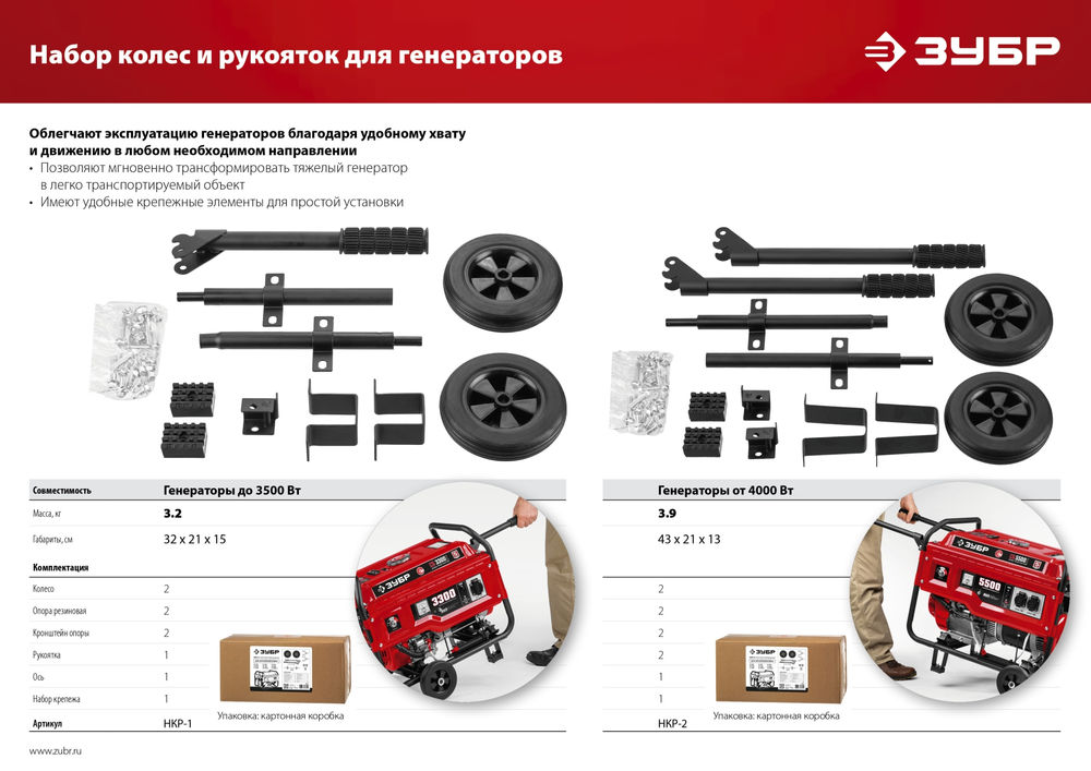 Набор колес + рукоятка № 1 для генераторов мощностью до 3500 Вт ЗУБР НКР-1