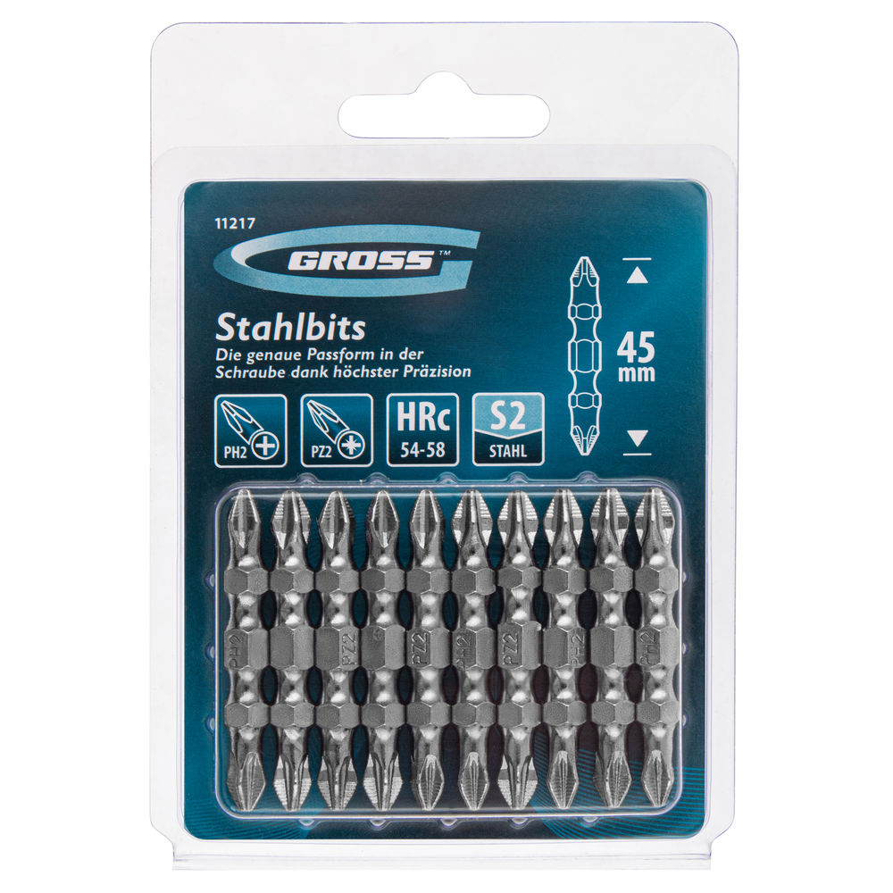 Бита двухсторонняя, PH2-PZ2 х 45 мм, сталь S2, 10 шт. Gross (11217)