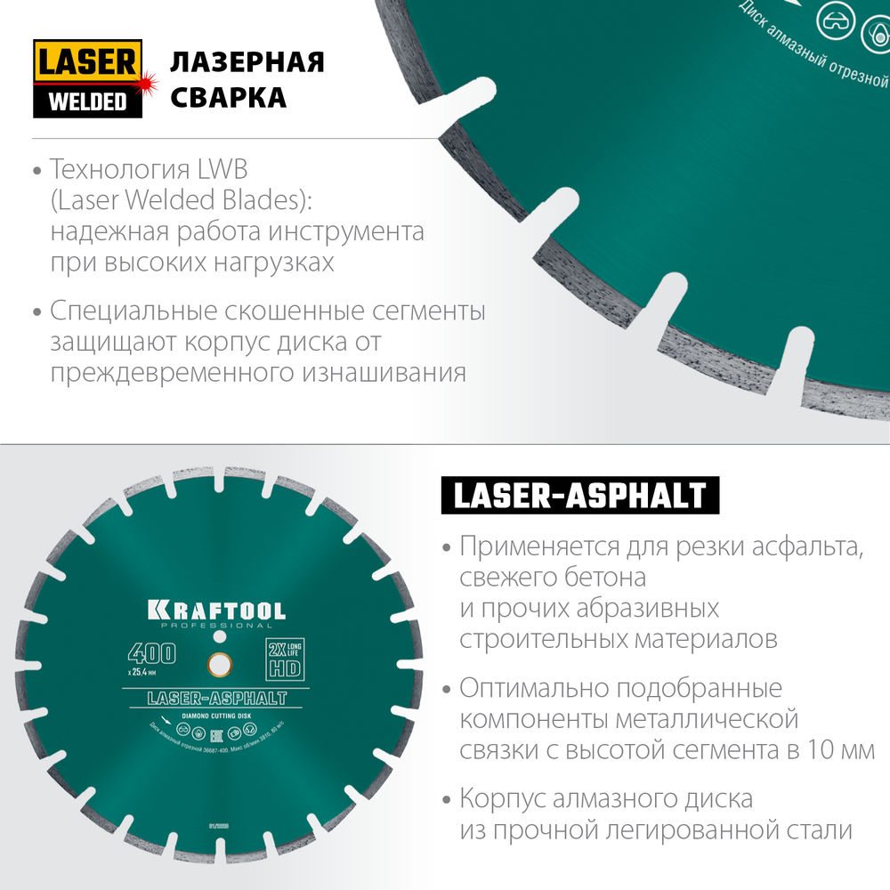 Алмазный диск LASER-ASPHALT, 400 мм (25.4/20 мм, 10?3.4 мм) KRAFTOOL 36687-400