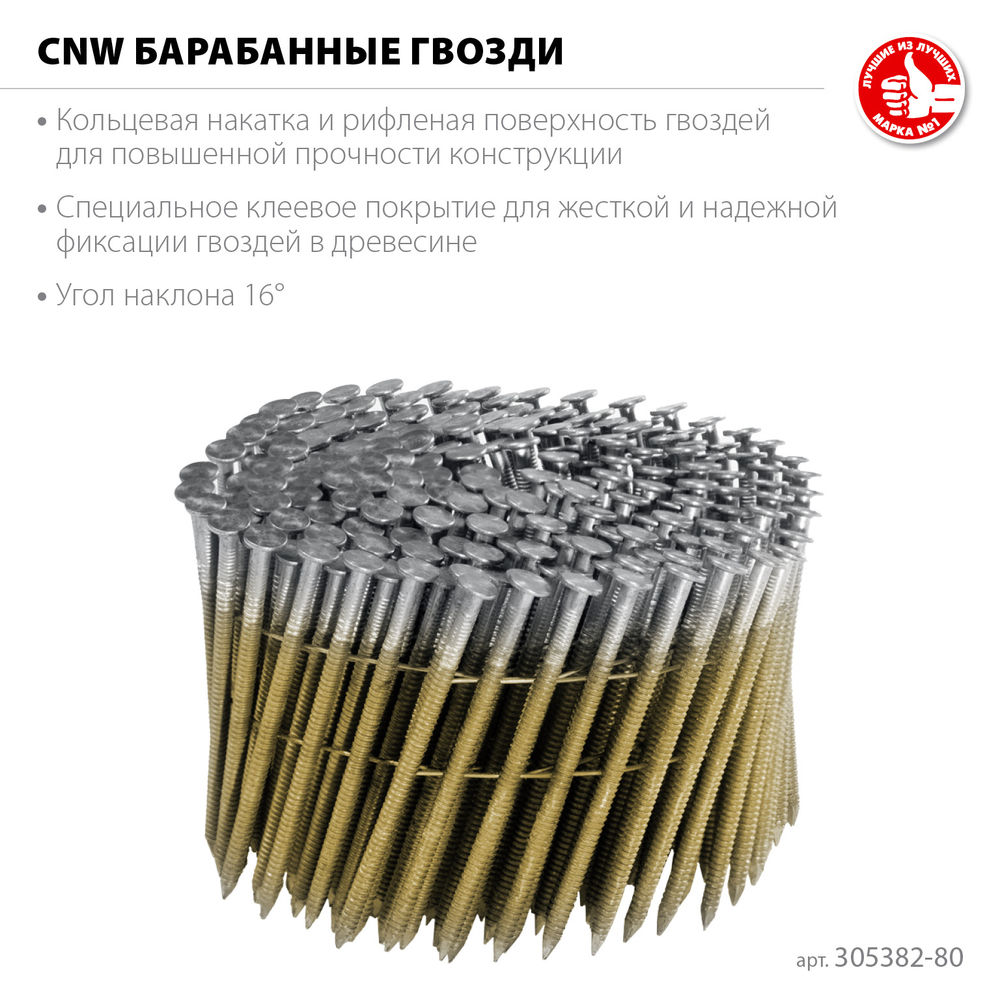 Гвозди барабанные CNW 80 x 3.1 мм, рифленые, 3600 шт ЗУБР 305382-80