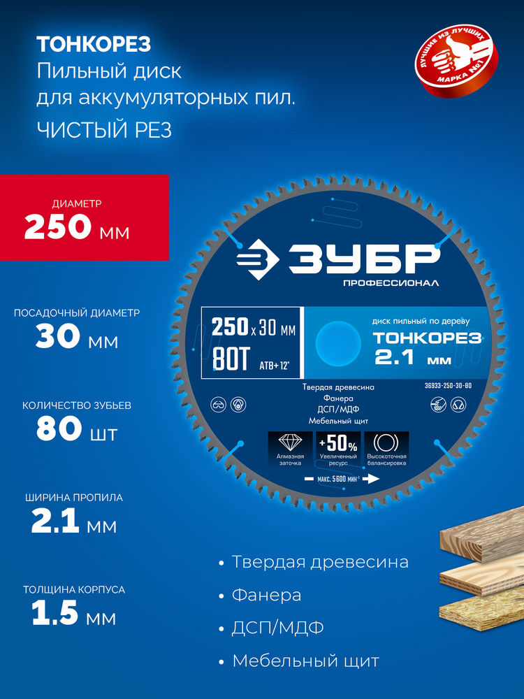Диск пильный по дереву тонкий рез 250 x 30 x 2.1 мм, 80Т ЗУБР Тонкорез Профессионал 36933-250-30-80