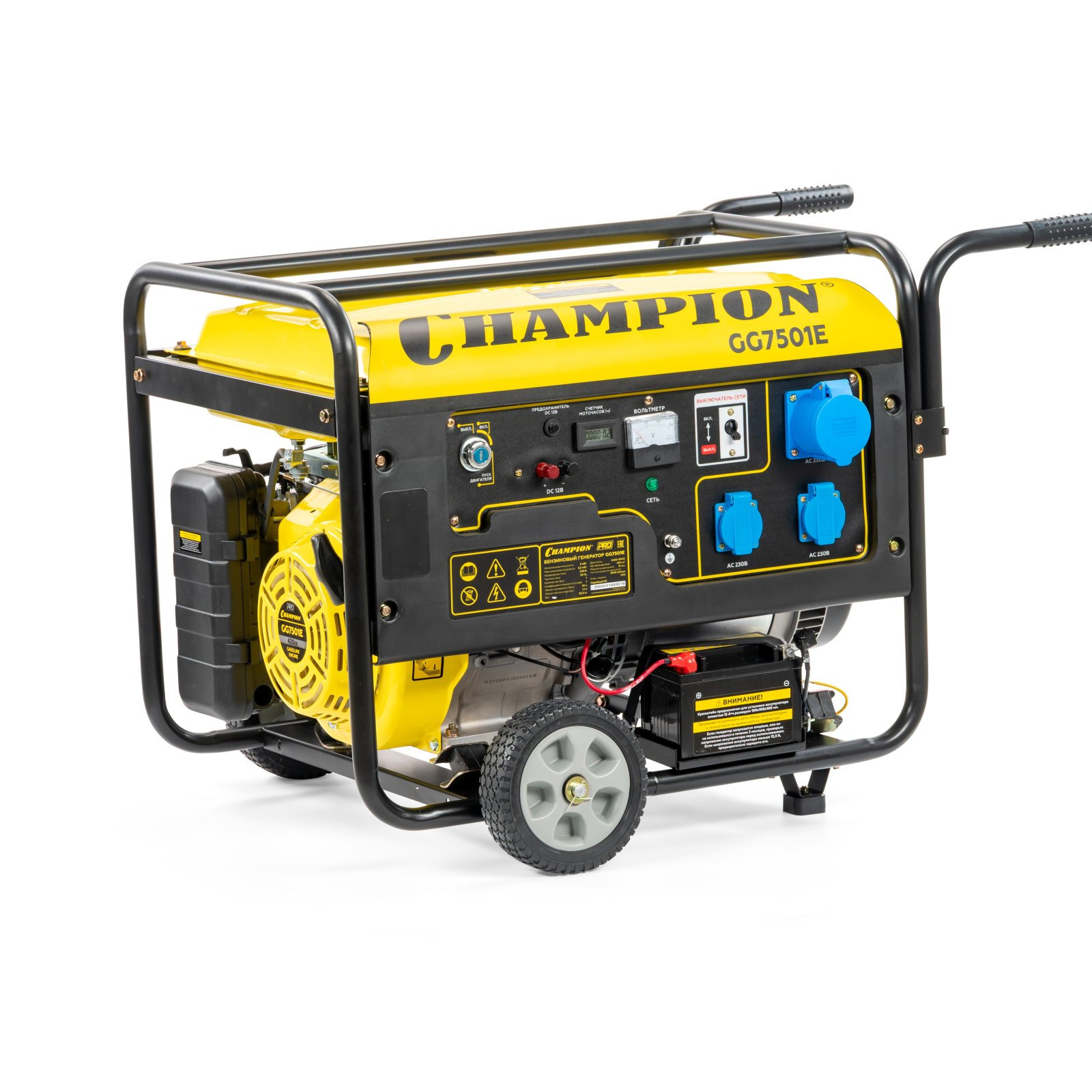 Генератор CHAMPION GG7501E (PRO 6/6,5кВт 15лс 25л 12В 83,3кг, эл.стартер, счетчик, колеса) (GG7501E)