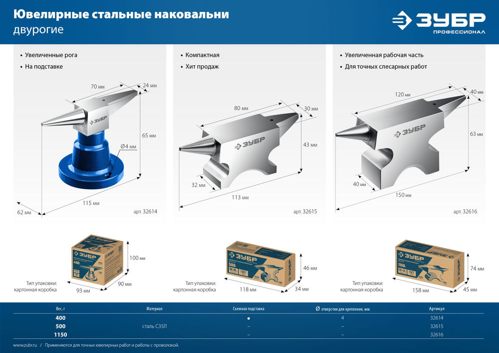 Наковальня ювелирная стальная настольная 400 г ЗУБР Профессионал 32614