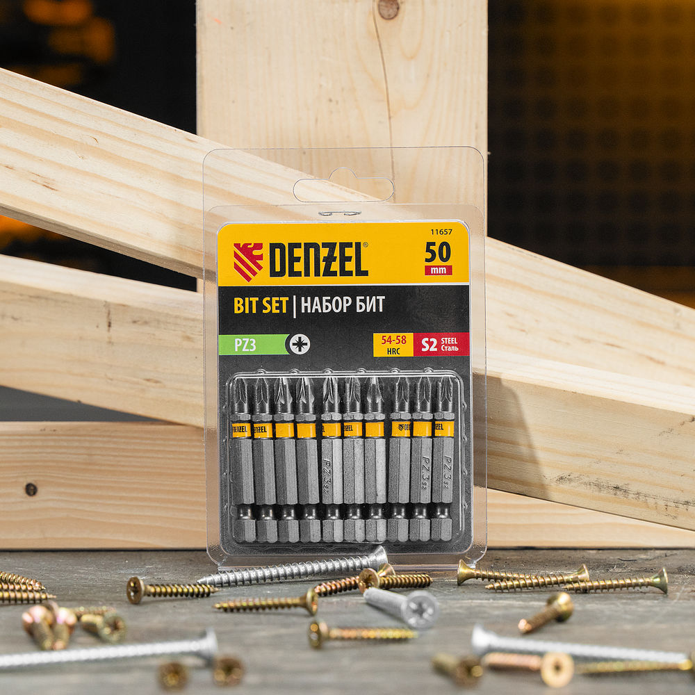 Бита PZ3х50, сталь S2, шестигранный профиль, 10 шт. Е 6,3 Denzel (11657)