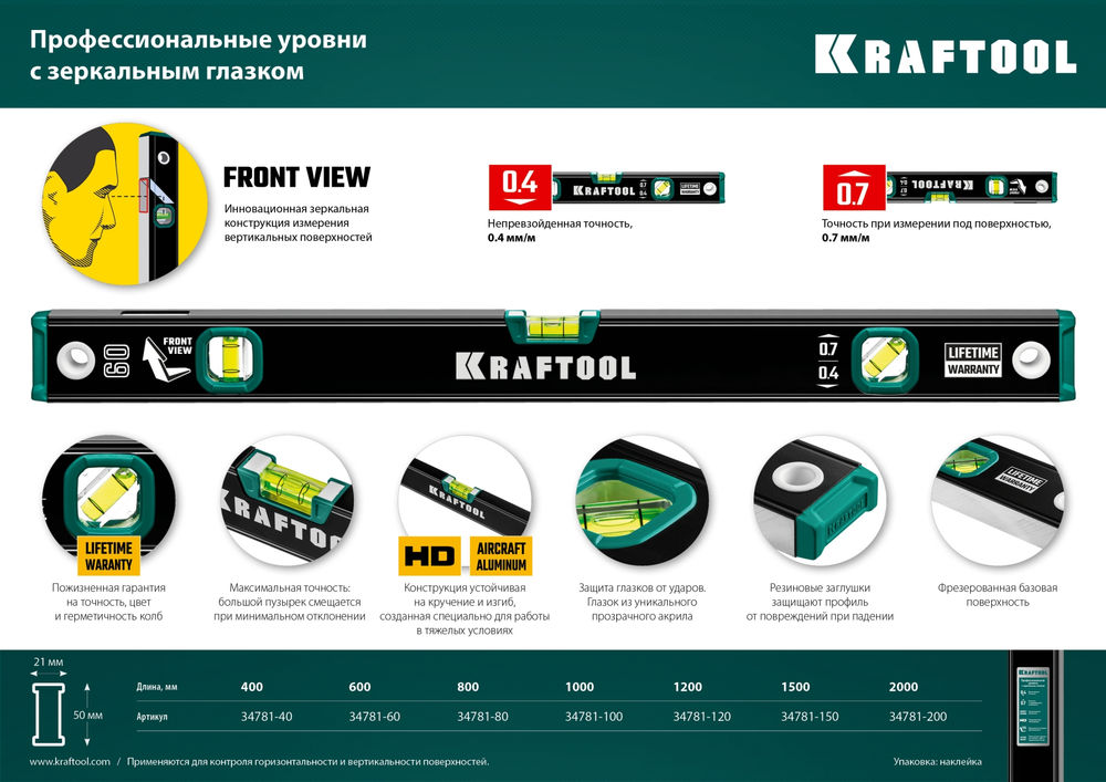 Уровень 600 мм, с зеркальным глазком KRAFTOOL 34781-60
