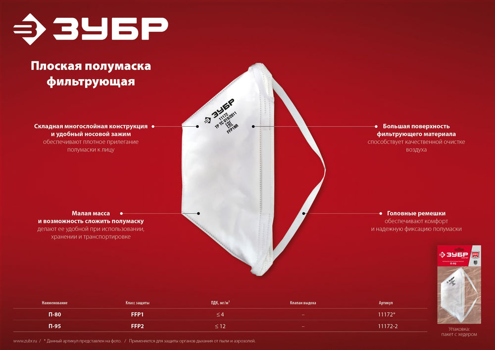 Полумаска фильтрующая плоская класс защиты FFP1 ЗУБР П-80 11172