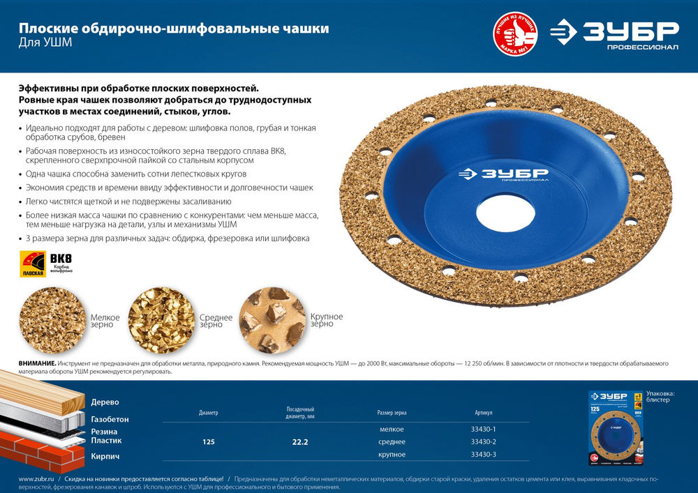 Чашка обдирочно-шлифовальная плоская №1, мелкое зерно, 125 мм, ВК8 ЗУБР Профессионал 33430-1