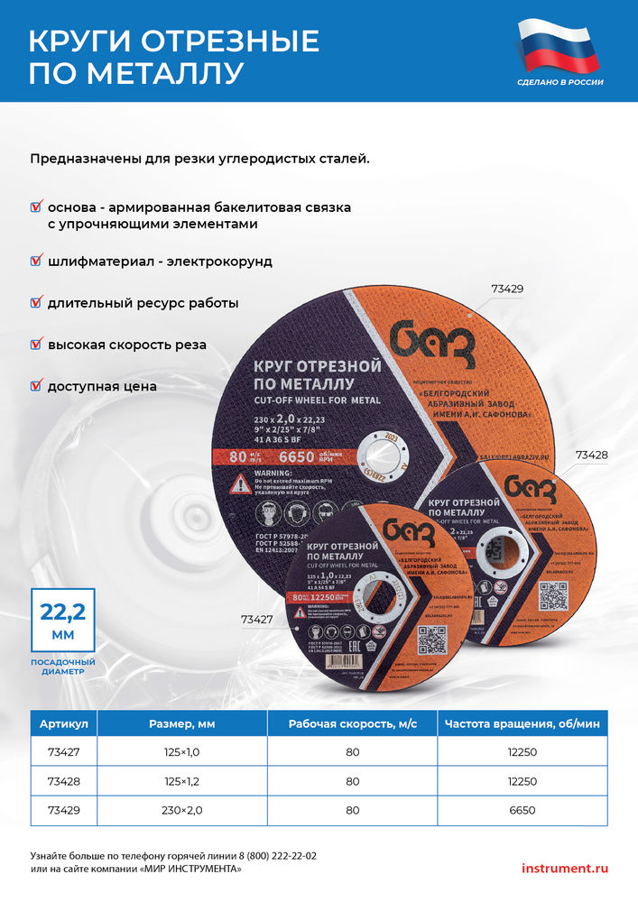 Круг отрезной по металлу, 125 х 1,0 х 22,2 мм (БАЗ) (73427)