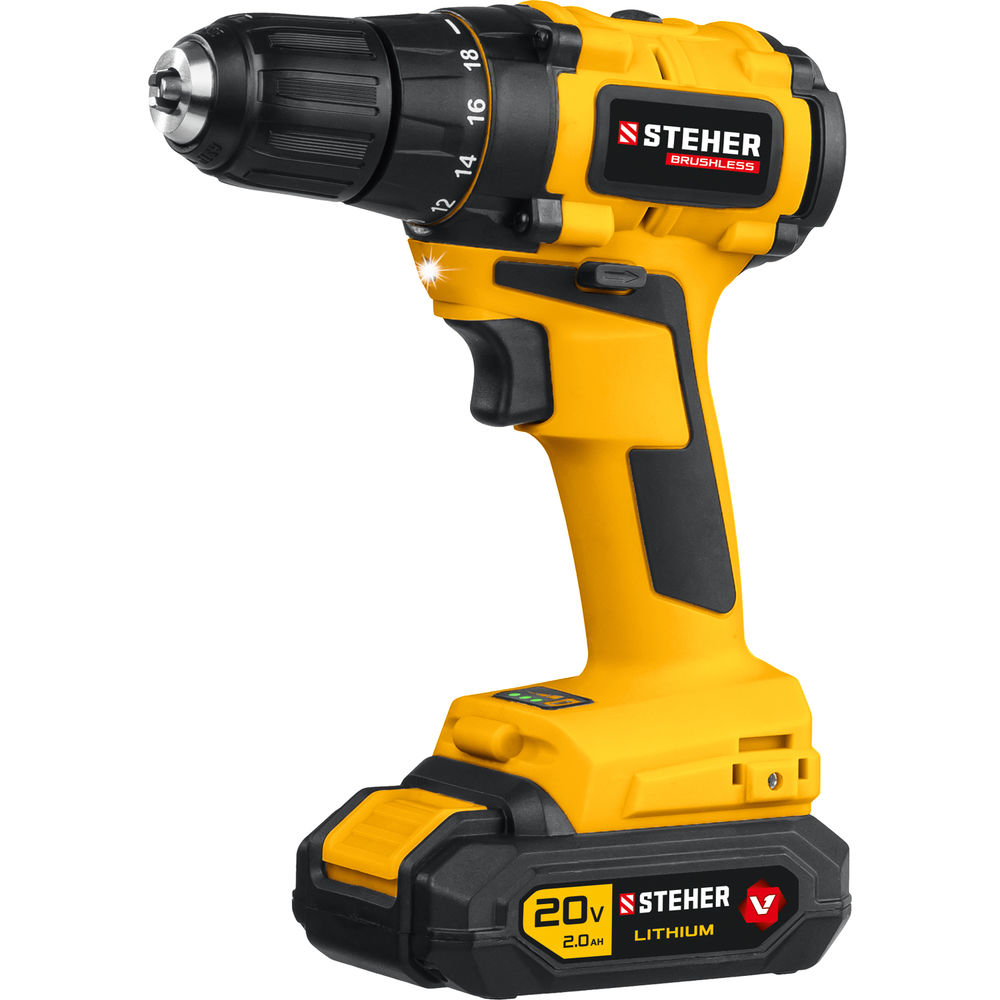 Дрель-шуруповерт бесщеточная 20 В, 45 Н·м, 1 АКБ (2 А·ч), кейс V1 STEHER CDB-200-1