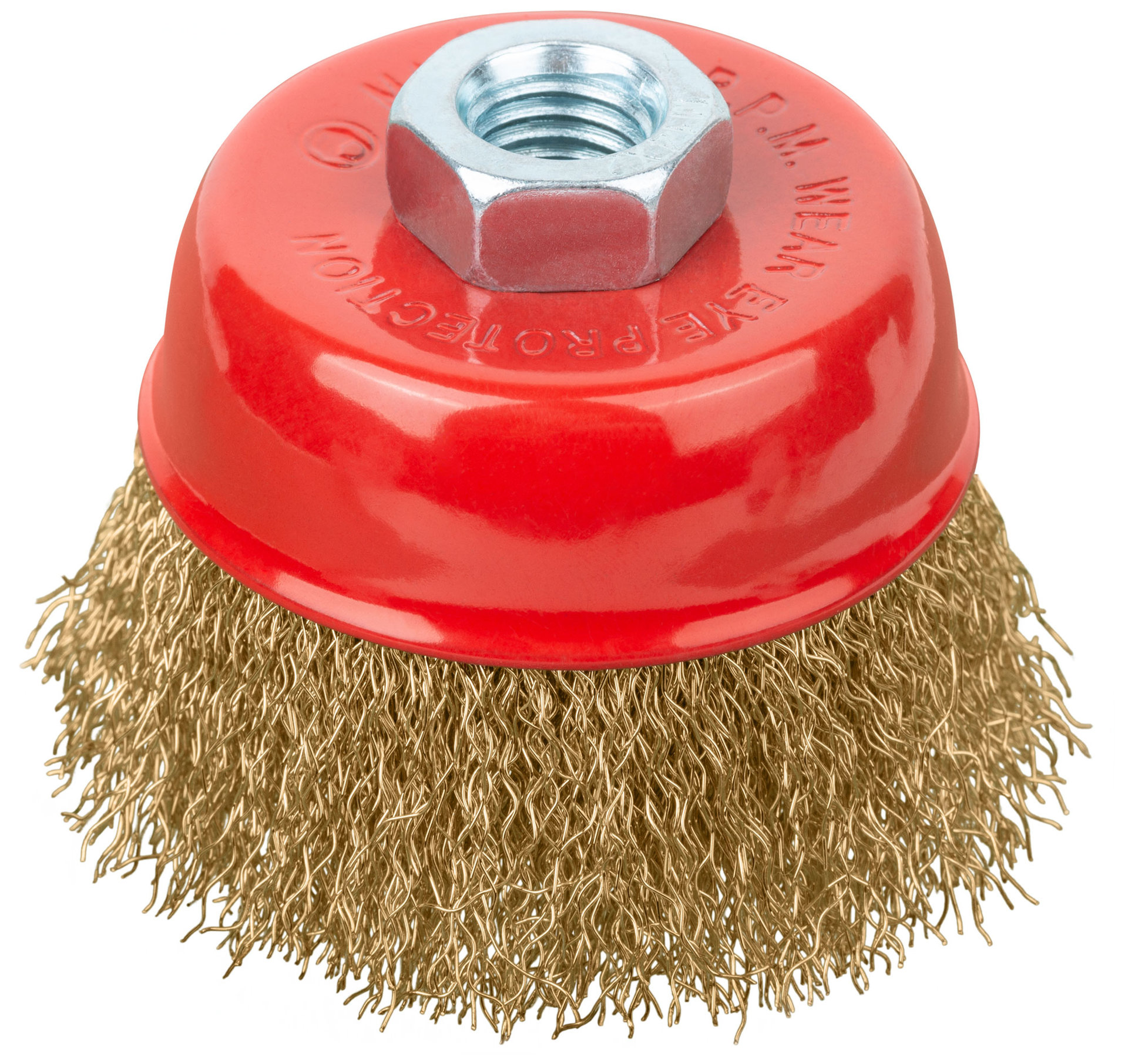 Корщетка-чашка, гайка М14, стальная латунированная волнистая проволока 75 мм (39267)