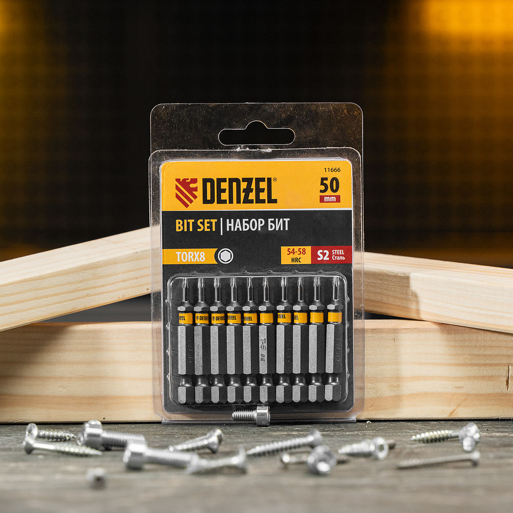 Бита TX 8х50, сталь S2, шестигранный профиль, 10 шт. Е 6,3 Denzel (11666)