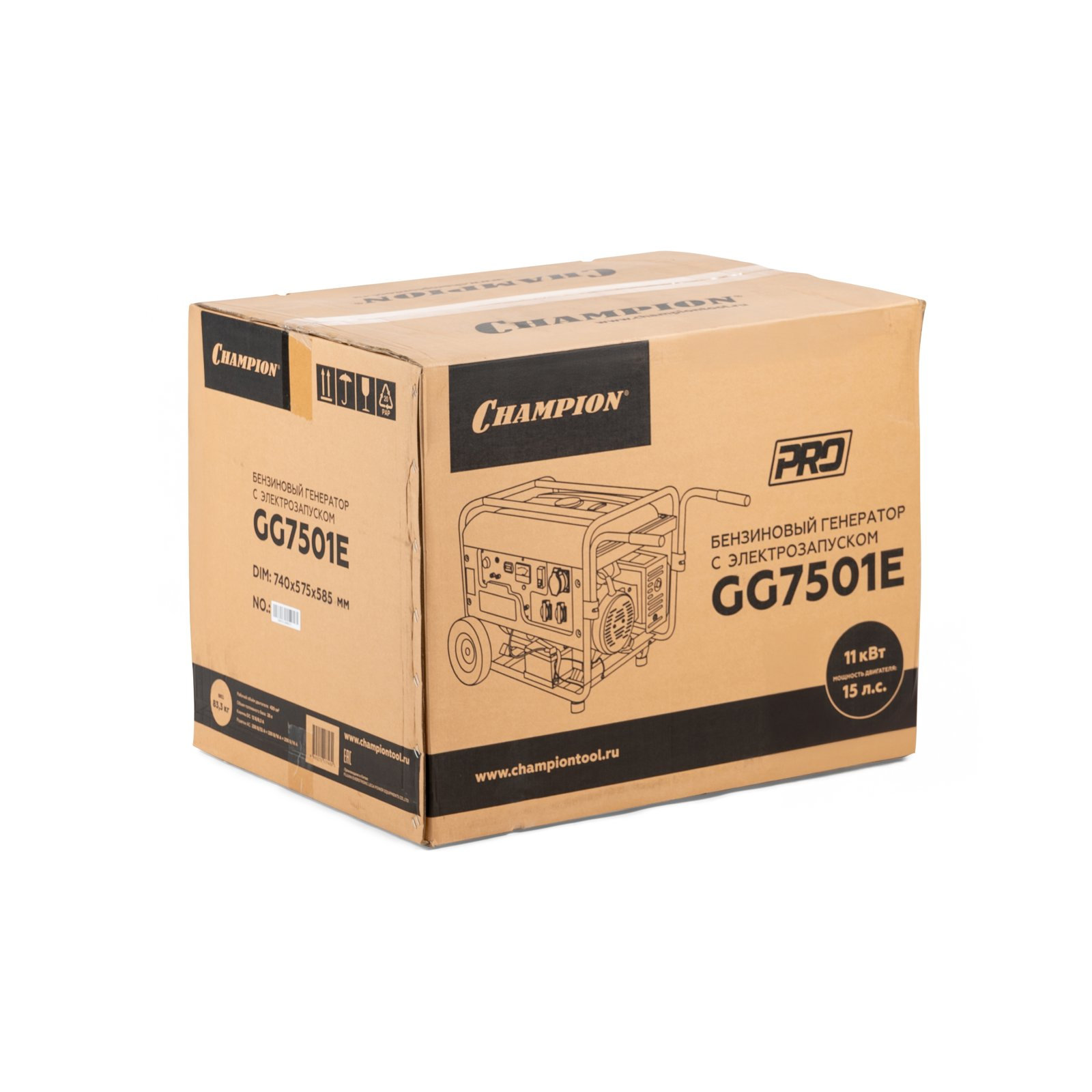 Генератор CHAMPION GG7501E (PRO 6/6,5кВт 15лс 25л 12В 83,3кг, эл.стартер, счетчик, колеса) (GG7501E)