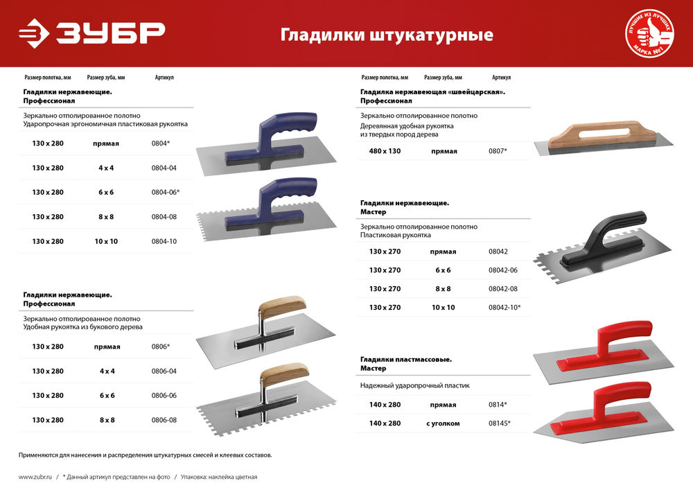 Гладилка штукатурная 130?270 мм зуб 10?10 мм ЗУБР 08042-10