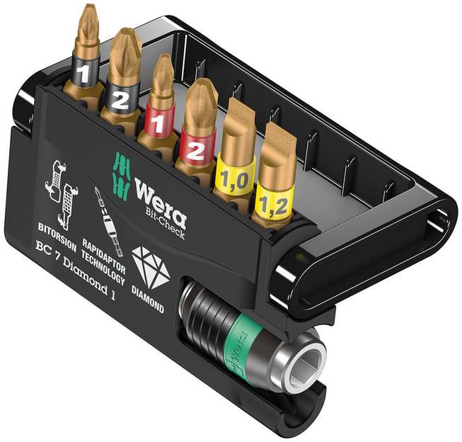 Набор бит торсионных с битодержателем Rapidaptor 7 Diamond 1, алмаз, 7 пр., 1/4 C6.3 Bit-Check WE-057416