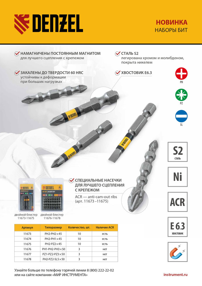 Бита двухсторонняя, PH2-PH1 х 45 мм, сталь S2, 10 шт. Denzel (11674)
