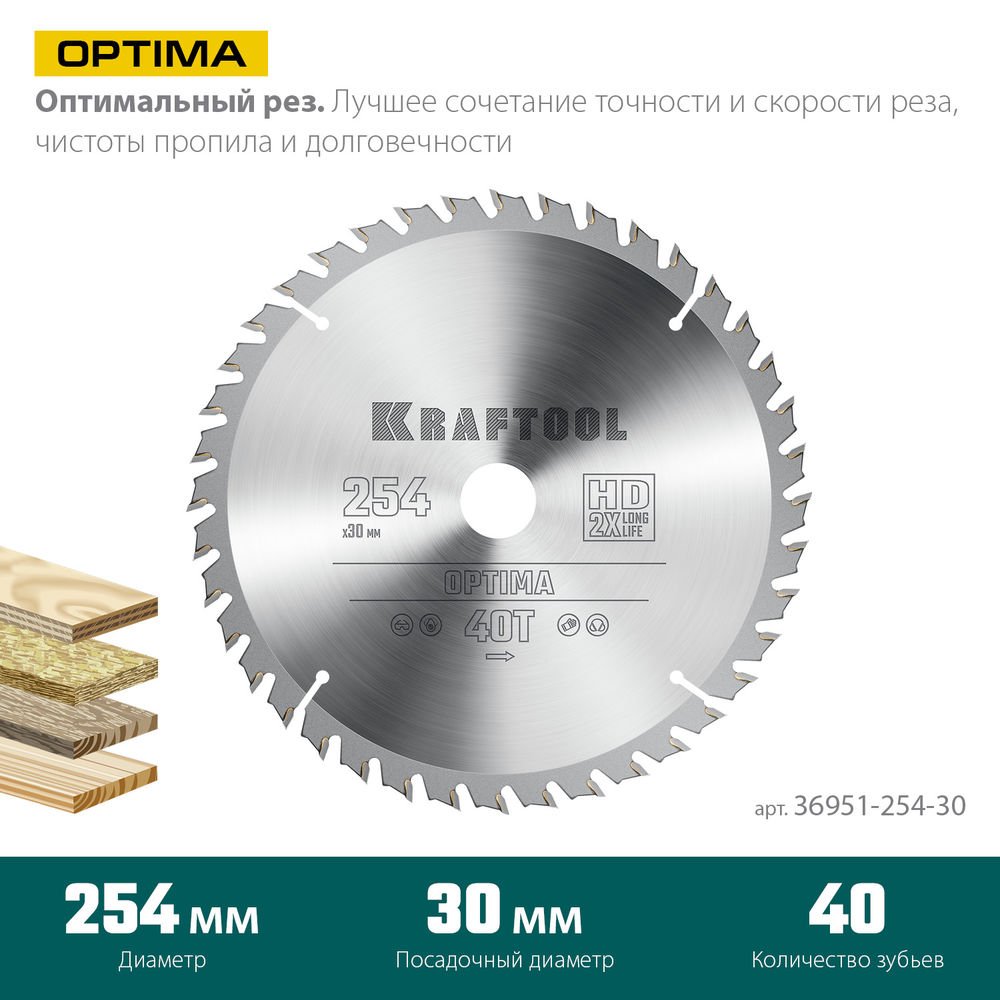 Пильный диск по дереву Optima, 254 х 30 мм, 40Т KRAFTOOL 36951-254-30