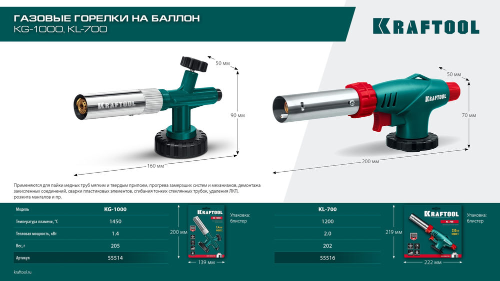 Газовая горелка KL-700, с пьезоподжигом, увеличенная мощность, на баллон KRAFTOOL 55516