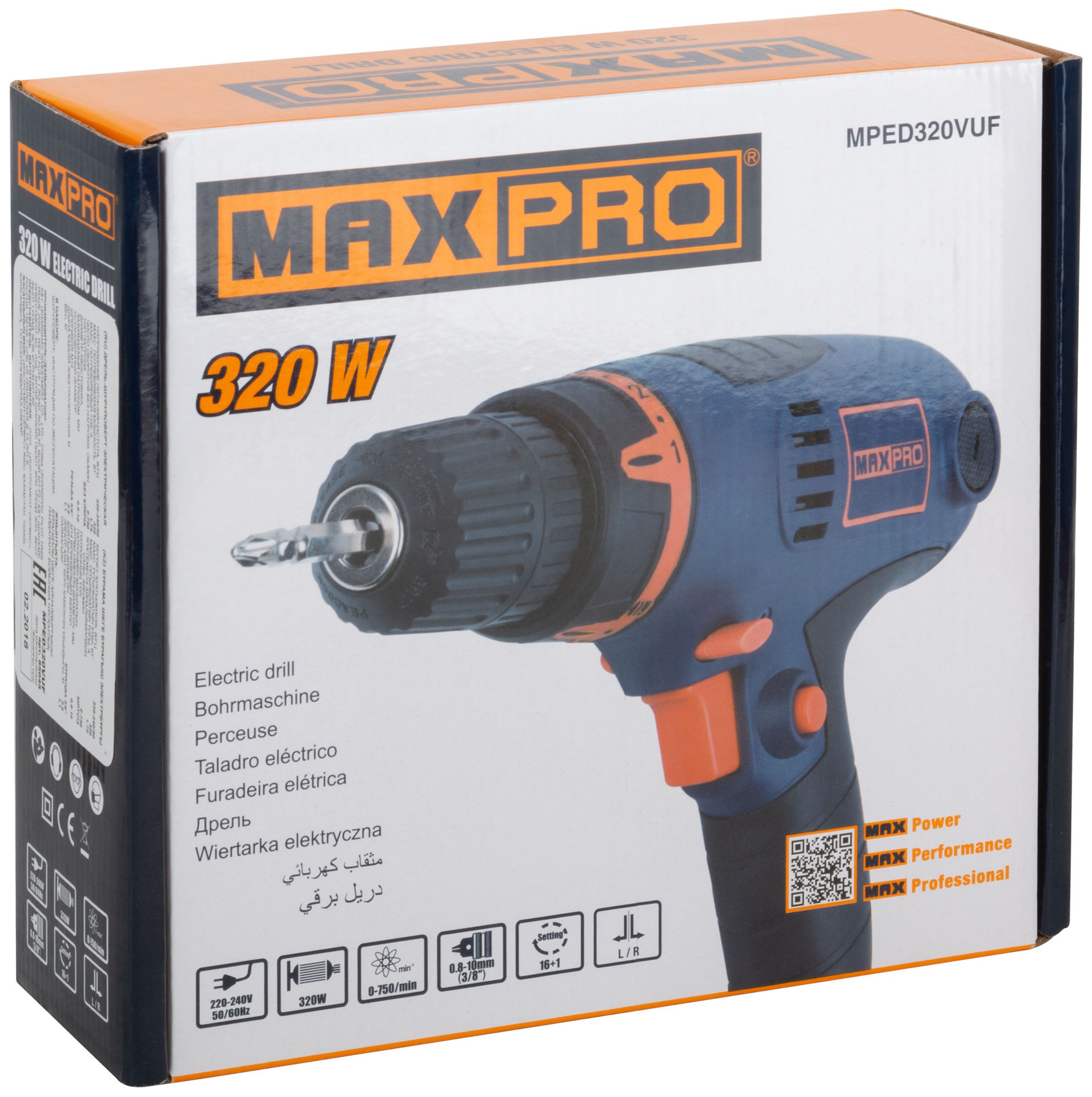 Дрель-Шуруповерт электрическая 320 Вт; 0-750 об/мин; подсветка; быстрозажимной патрон 10 мм; резиновые вставки; 16,0 Нм; 16+1; 1,1 кг MAX-PRO 85045