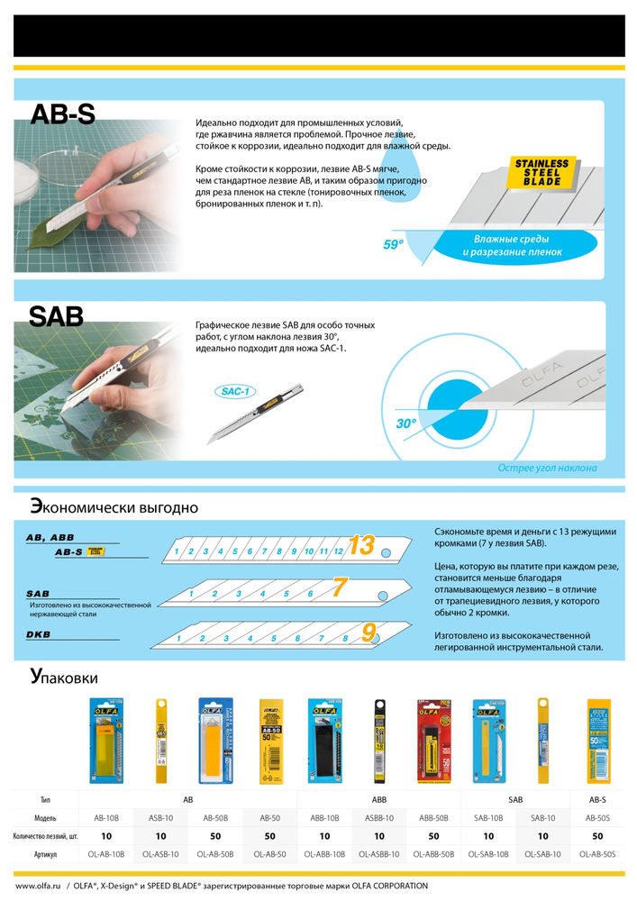 Сегментированные лезвия 9 мм, 10 шт, в пластиковом кейсе OLFA OL-ASB-10