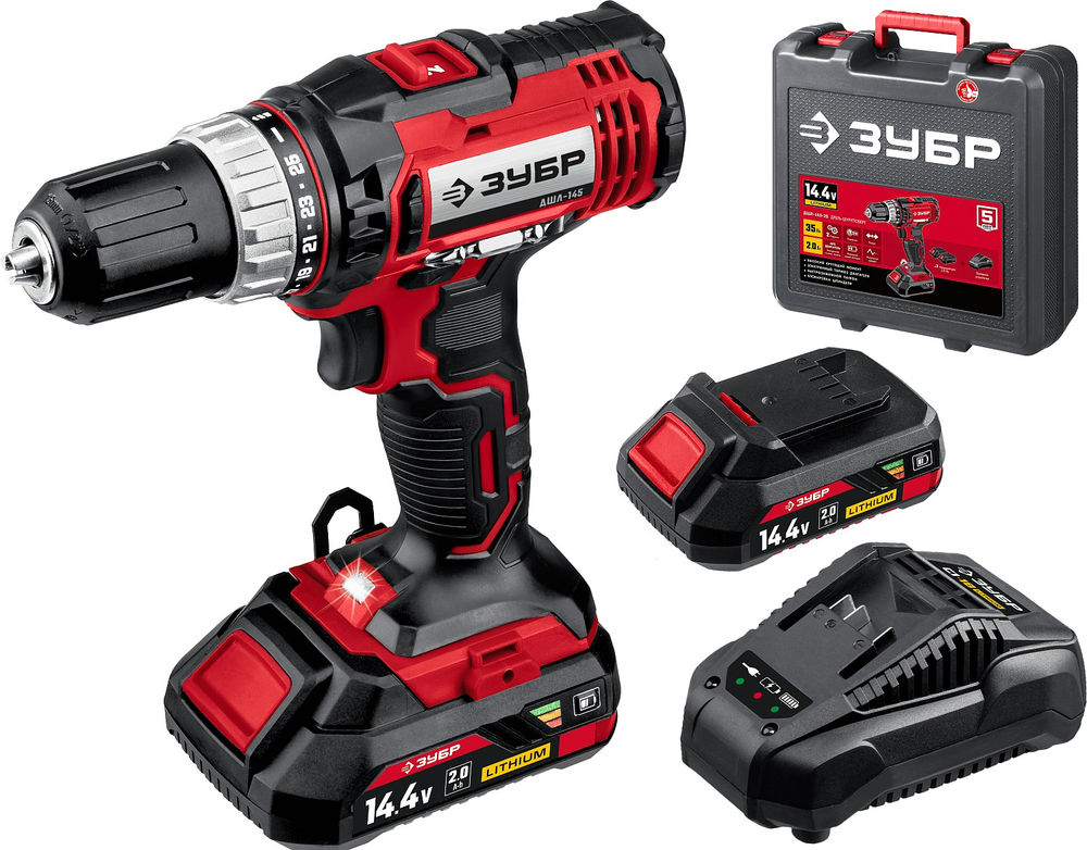 Дрель-шуруповерт 14.4 В 35 Н·м 2 АКБ 2 А·ч кейс ЗУБР С1 ДШЛ-145-22
