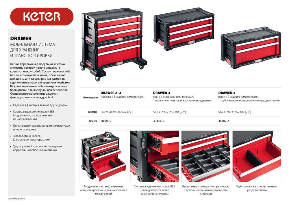 Ящик 562 х 289 х 262 мм (22) с 3 выдвижными полками DRAWER-3 KETER 38381-3