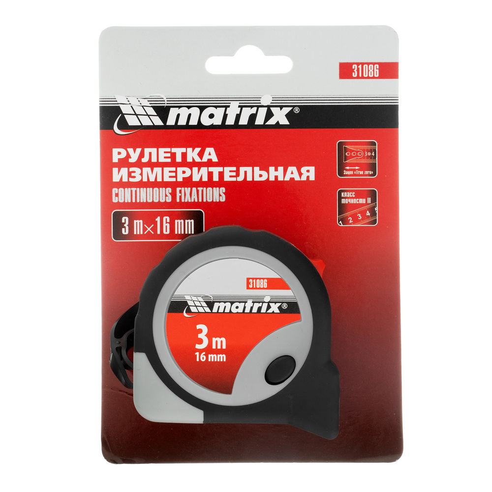 Рулетка Continuous fixation,3 м х 16 мм,двухкомпонентный корпус,плавная фиксация Matrix
