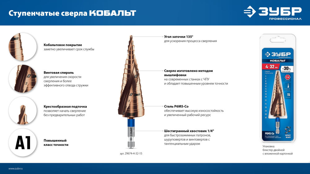 Сверло ступенчатое 4-12 мм, 9 ступеней, винтовая проточка КОБАЛЬТ ЗУБР Профессионал 29674-4-12-9