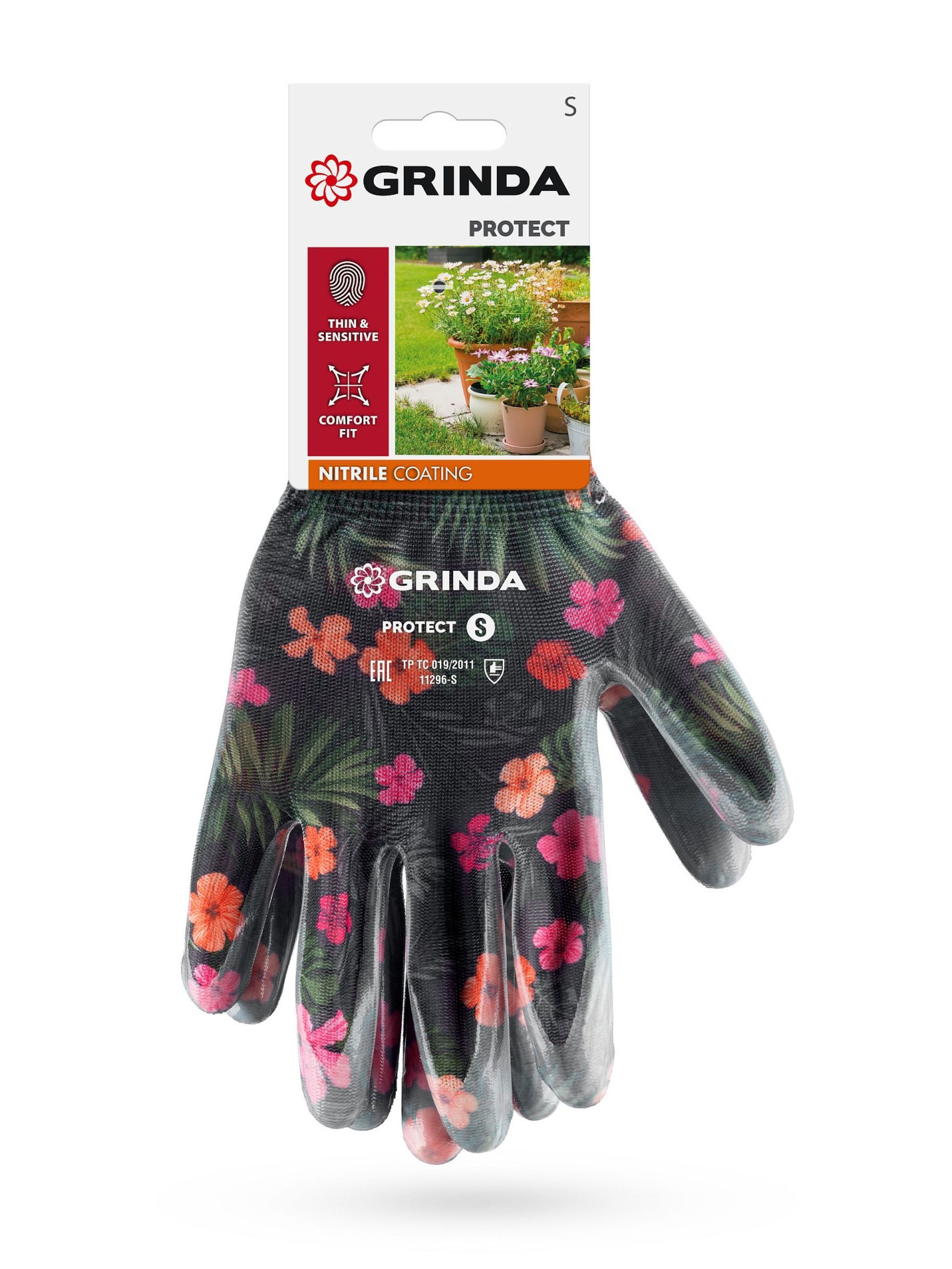 GRINDA PROTECT, S (7), садовые перчатки с прозрачным нитриловым покрытием, чёрные, 13 класс (11296-S_z01)