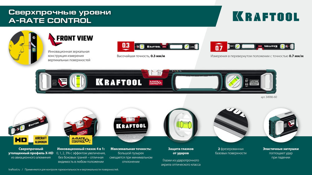 Сверхпрочный уровень A-RATE CONTROL, 600 мм, точность 0.3 мм/м, с инновационным зеркальным глазком KRAFTOOL 34986-60