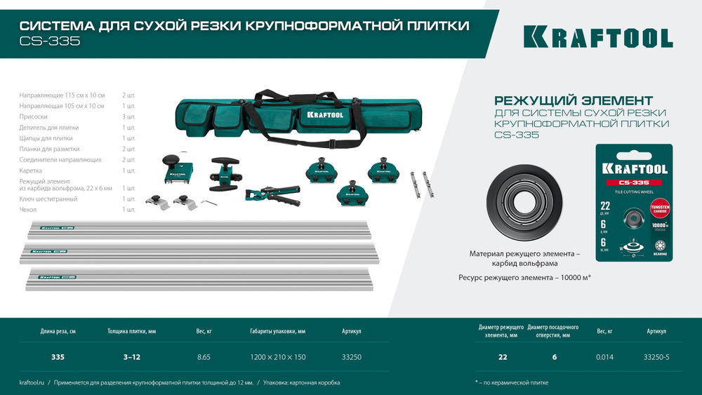 Система для сухой резки крупноформатной плитки CS-335, до 3,35 м KRAFTOOL 33250