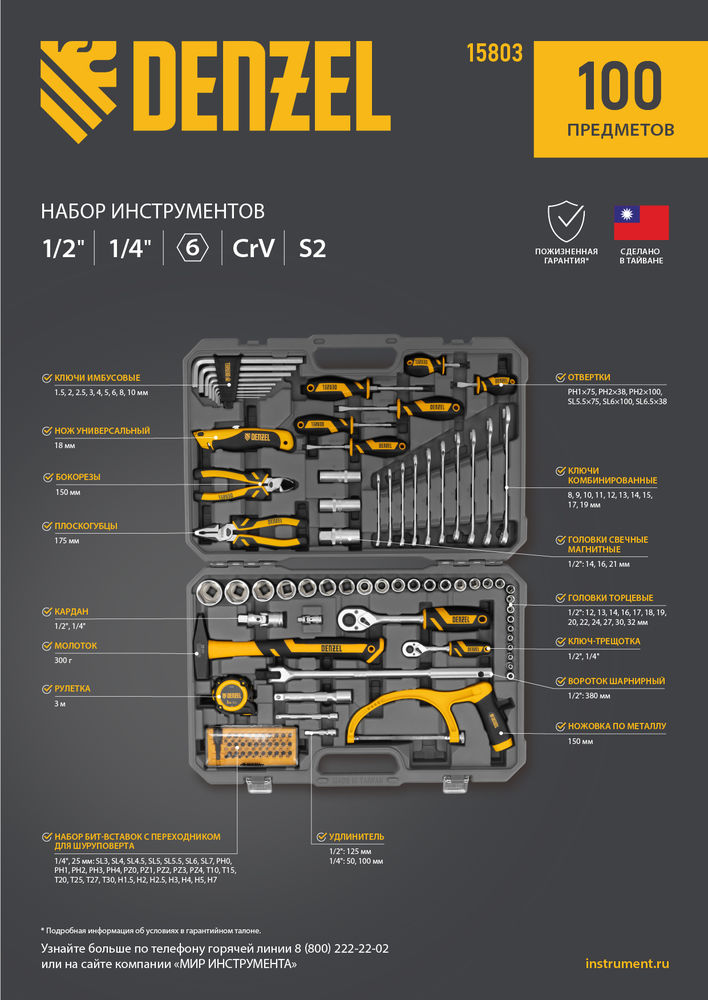 Набор инструментов, 1/2, 1/4, CrV, S2, пластиковый кейс, 100 предметов Denzel