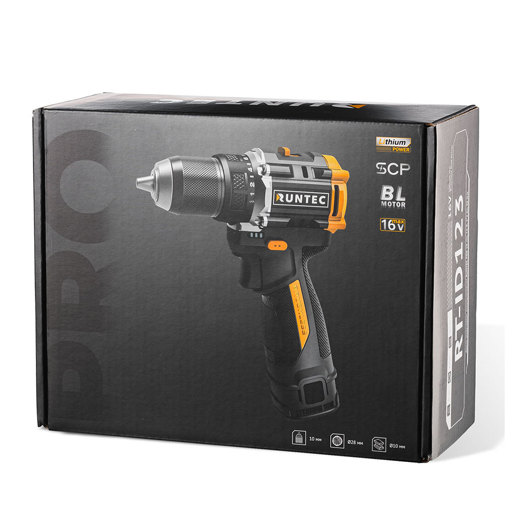 Дрель-шуруповерт аккумуляторная PRO 10 мм, 16В, 2*2Ач, 50Нм RUNTEC RT-ID123