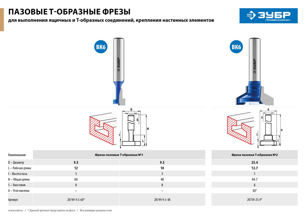 Фреза пазовая Т-образная №2 25.4?12.7 мм высота 12.7 мм ЗУБР Профессионал 28750-25.4