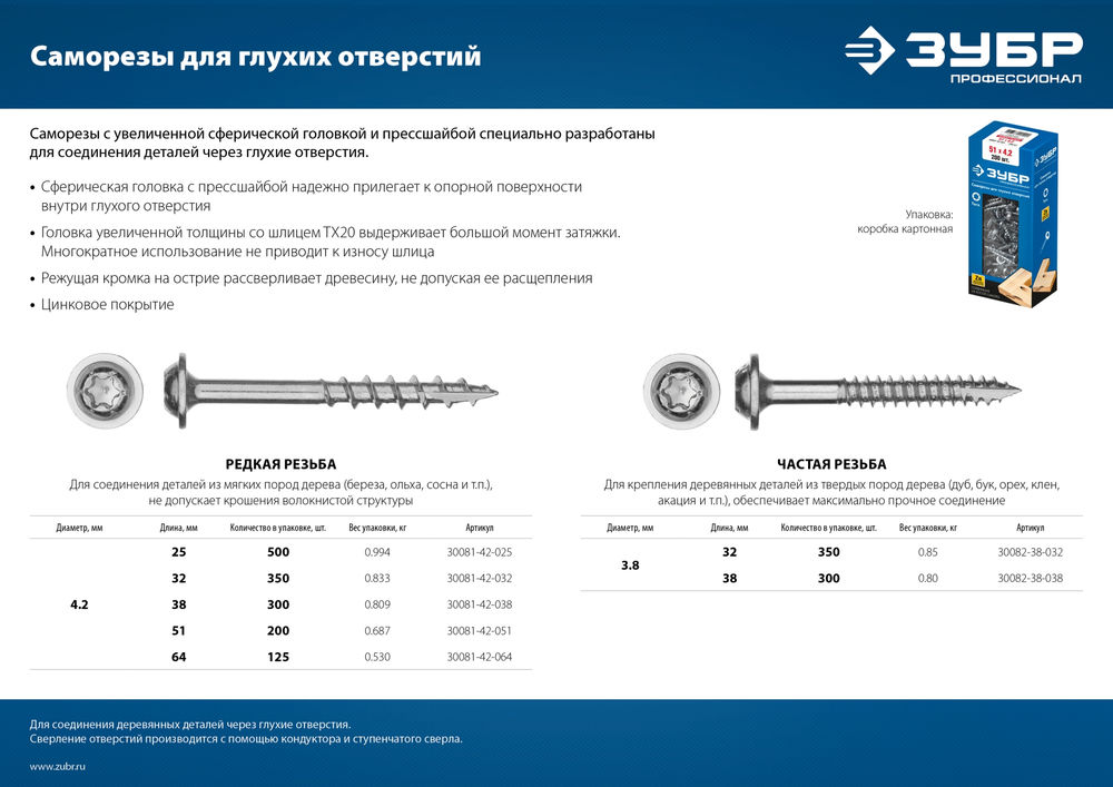 Саморез для глухих отверстий 38?4.2 мм редкая резьба ТХ20 цинк 300 шт ЗУБР Профессионал 30081-42-038