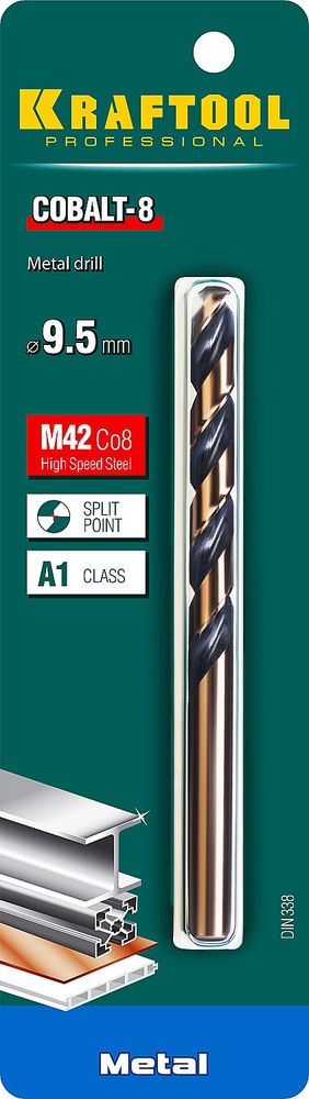 Сверло по металлу 9.5 х 125 мм сталь М42, HSS-Co(8%) COBALT-8 KRAFTOOL 29656-9.5