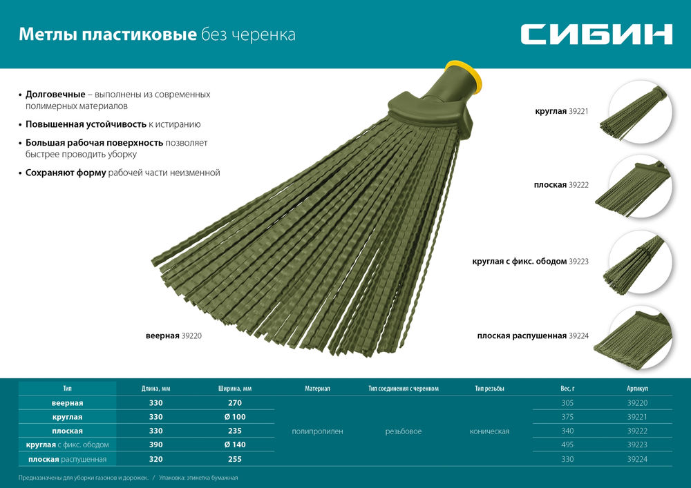 Пластиковая метла плоская гибкая 380 х 260 мм полипропилен коническое резьбовое соединение СИБИН 39222_z02