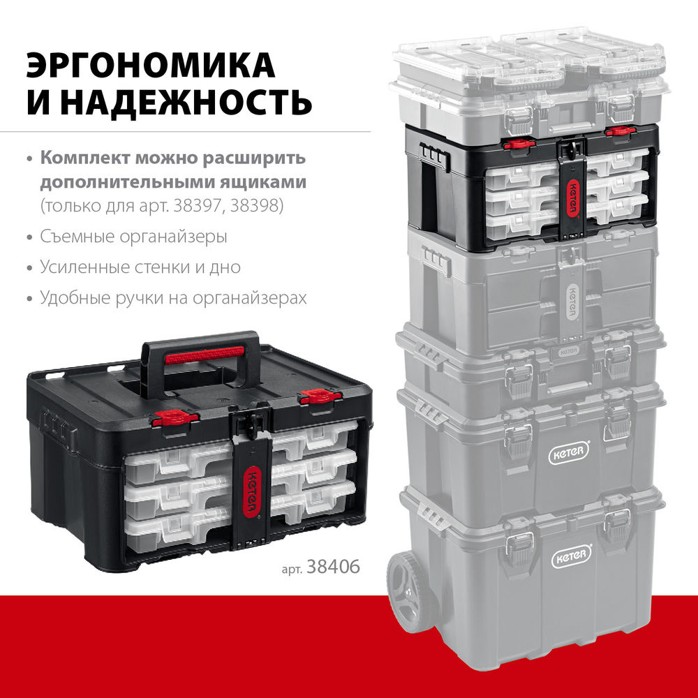 Ящик пластиковый 481 х 332 х 233 мм (19) с 3 органайзерами и 18 ячейками STACKNROLL KETER 38406