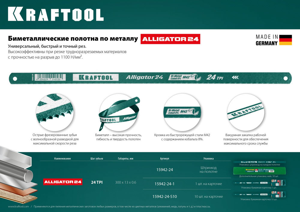 Биметаллическое гибкое полотно по металлу Alligator-24, 24 TPI, 300 мм KRAFTOOL 15942-24