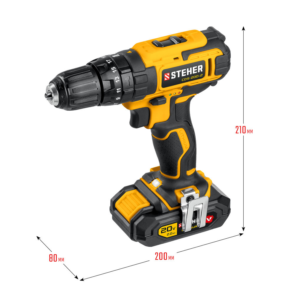 Дрель-шуруповерт ударная 20 В, 40 Н·м, 2 АКБ (2 А·ч), кейс V1 STEHER CDS-200-2