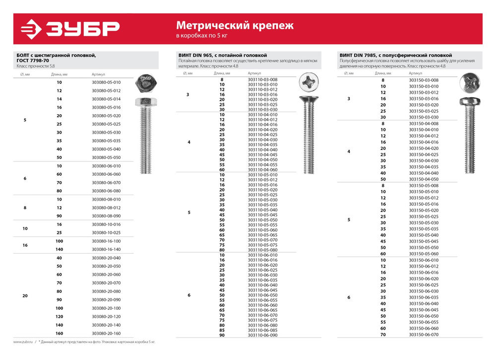 Болт M6 x 40 мм, кл. пр. 5.8, цинк, 5 кг, ГОСТ 7798-70 ЗУБР 303080-06-040