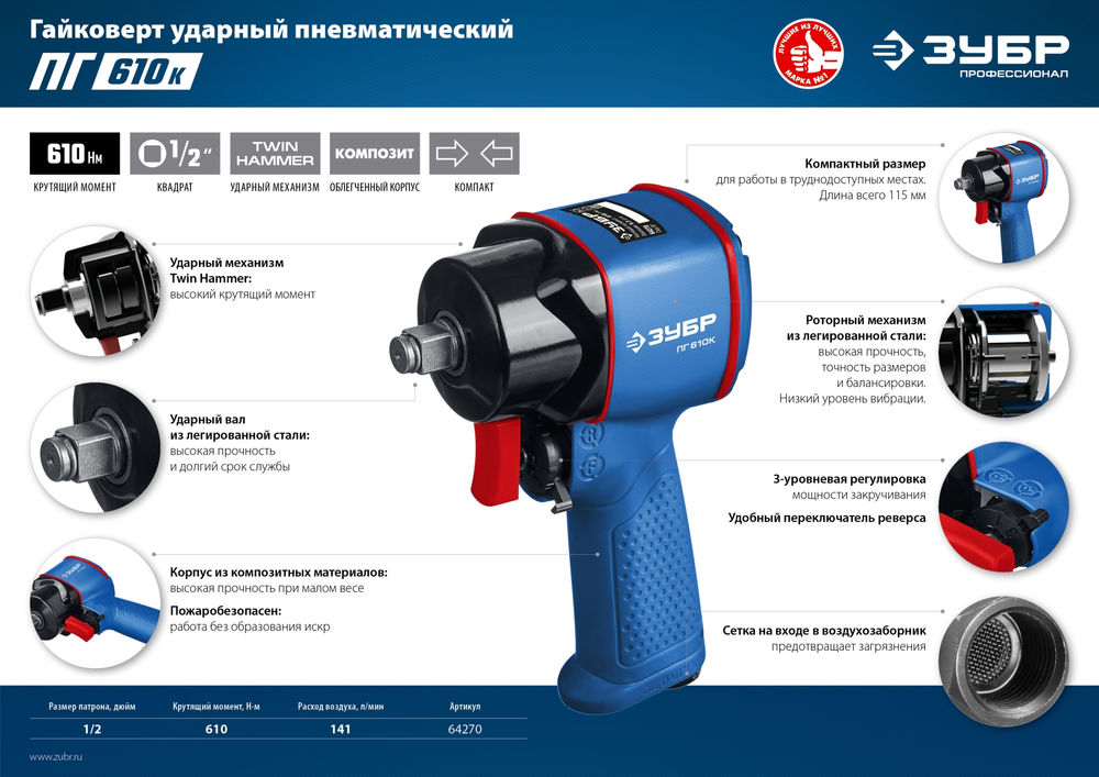 Гайковерт пневматический ударный 1/2 610 Н·м ЗУБР ПГ-610К Профессионал 64270