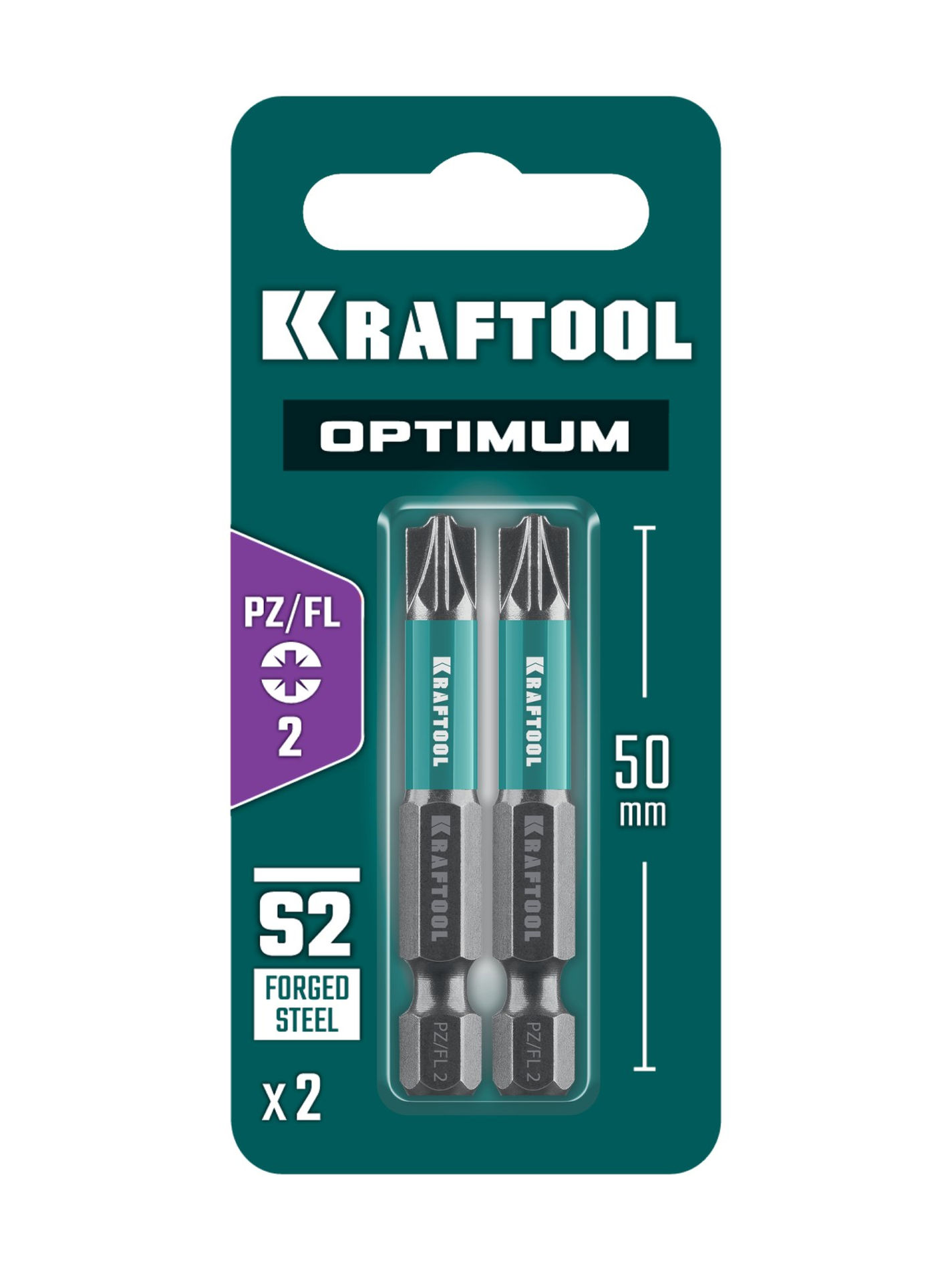 Биты OPTIMUM PZ/FL2 50 мм 2 штуки KRAFTOOL 261241-2-50-2
