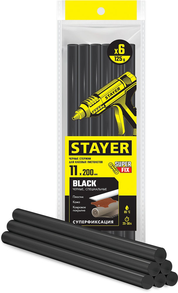 Стержни клеевые Black, чёрные, 11 х 200 мм, 6 шт STAYER Professional 2-06821-D-S06