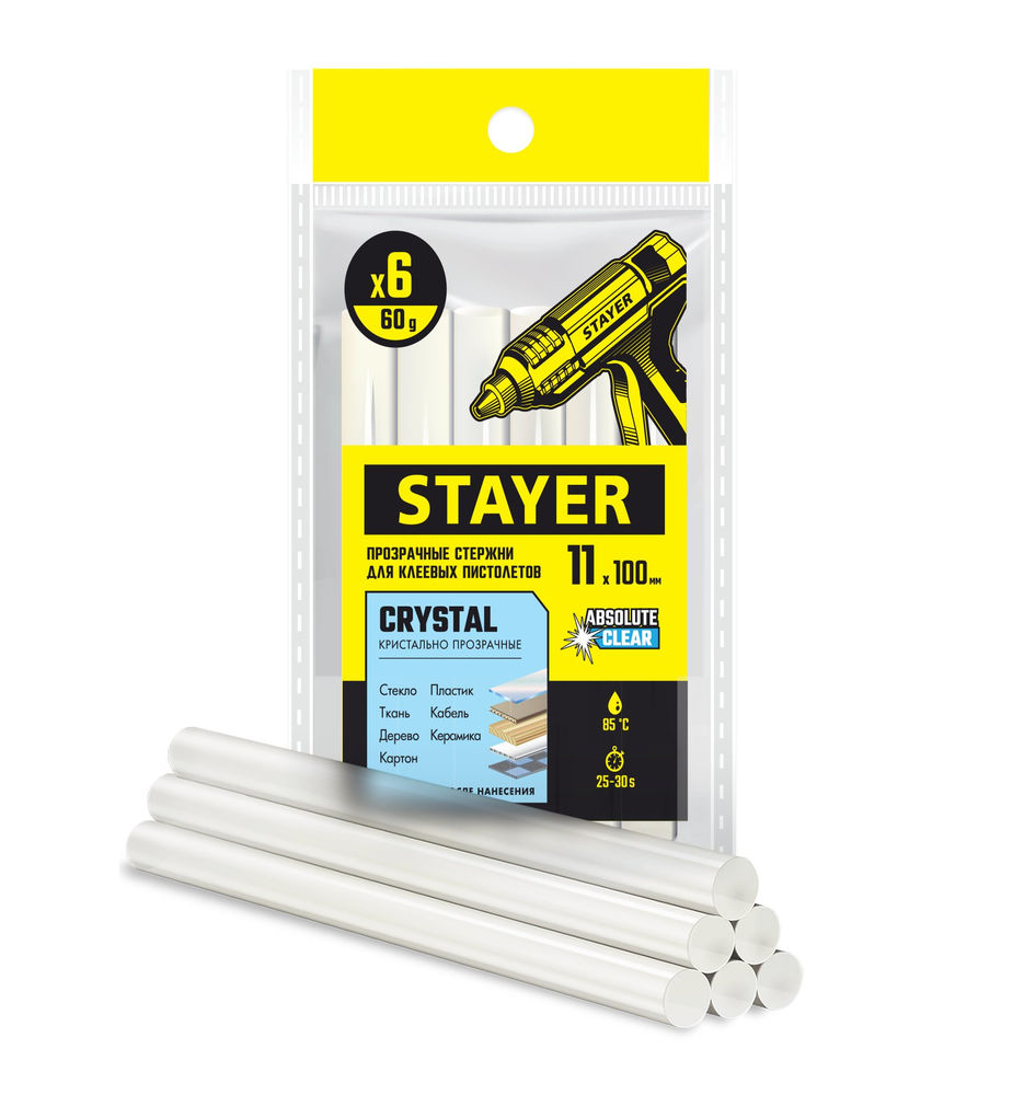 Стержни клеевые универсальные Cristal, 1 х 100 мм, 6 шт, прозрачные STAYER Professional 0682-H6