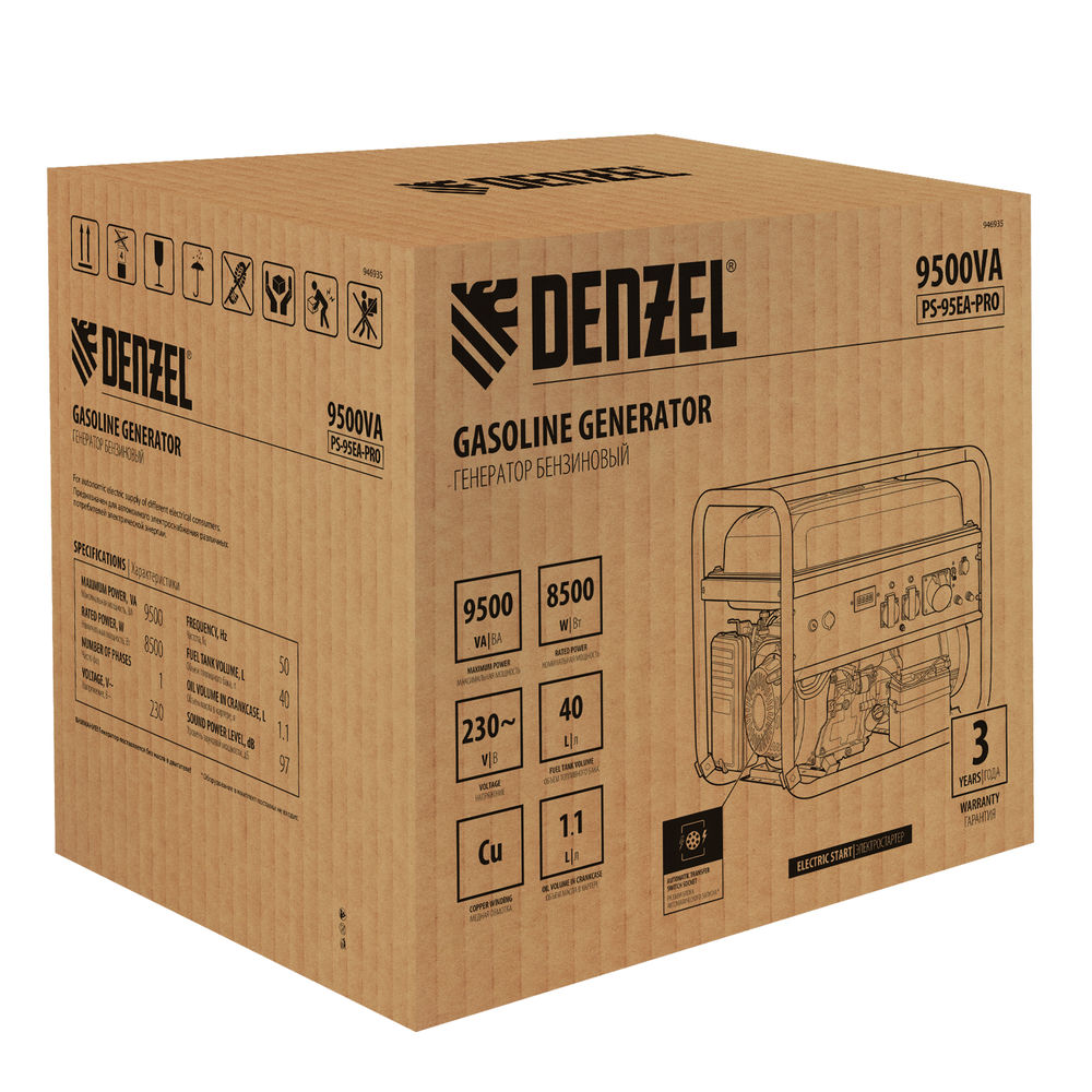 Генератор бензиновый PS-95EA-PRO, 9,5 кВт, 230 В, 40 л, разъем ATS, эл.старт Denzel (946935)