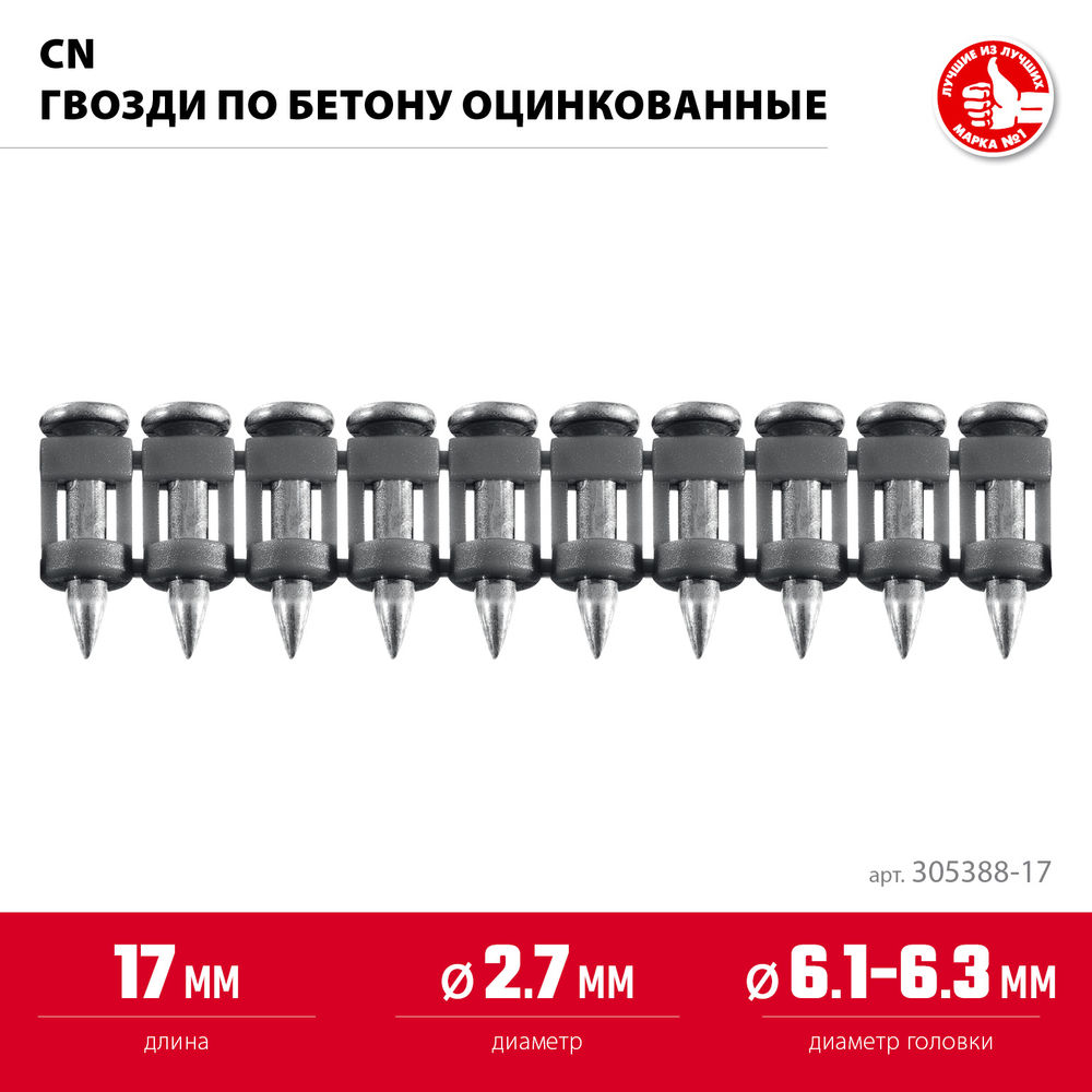 Гвозди по бетону CN 17 x 2.7 мм, оцинкованные, 1000 шт ЗУБР 305388-17