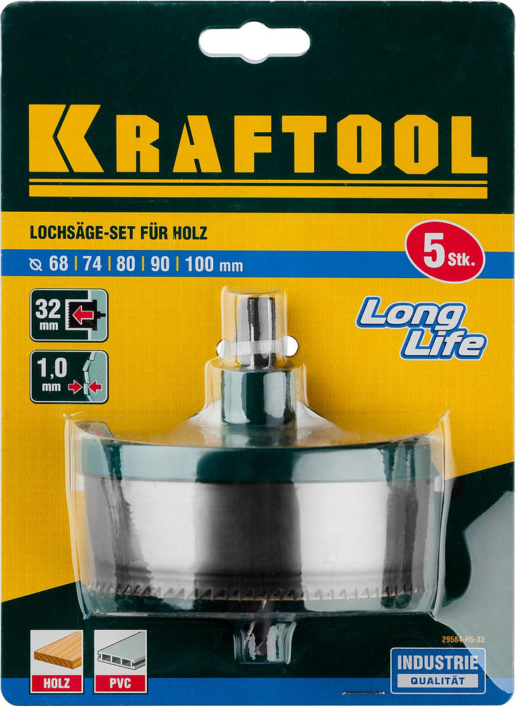 Наборная кольцевая пила по дереву, 5 шт, (68–74–80–90–100 x 32 мм) KRAFTOOL 29584-H5-32