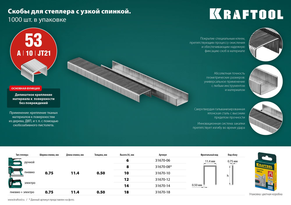Скобы тип 53 (A/10/JT21), 12 мм, калибр 23GA, 1000 шт KRAFTOOL 31670-12